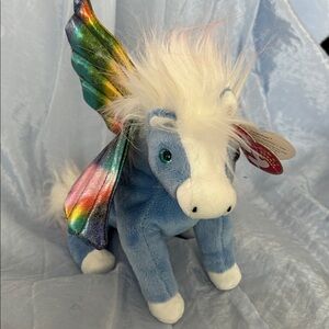 Ty 2002 Beanie Baby Blue Pegasus Plush with Rainbow Metallic Wings